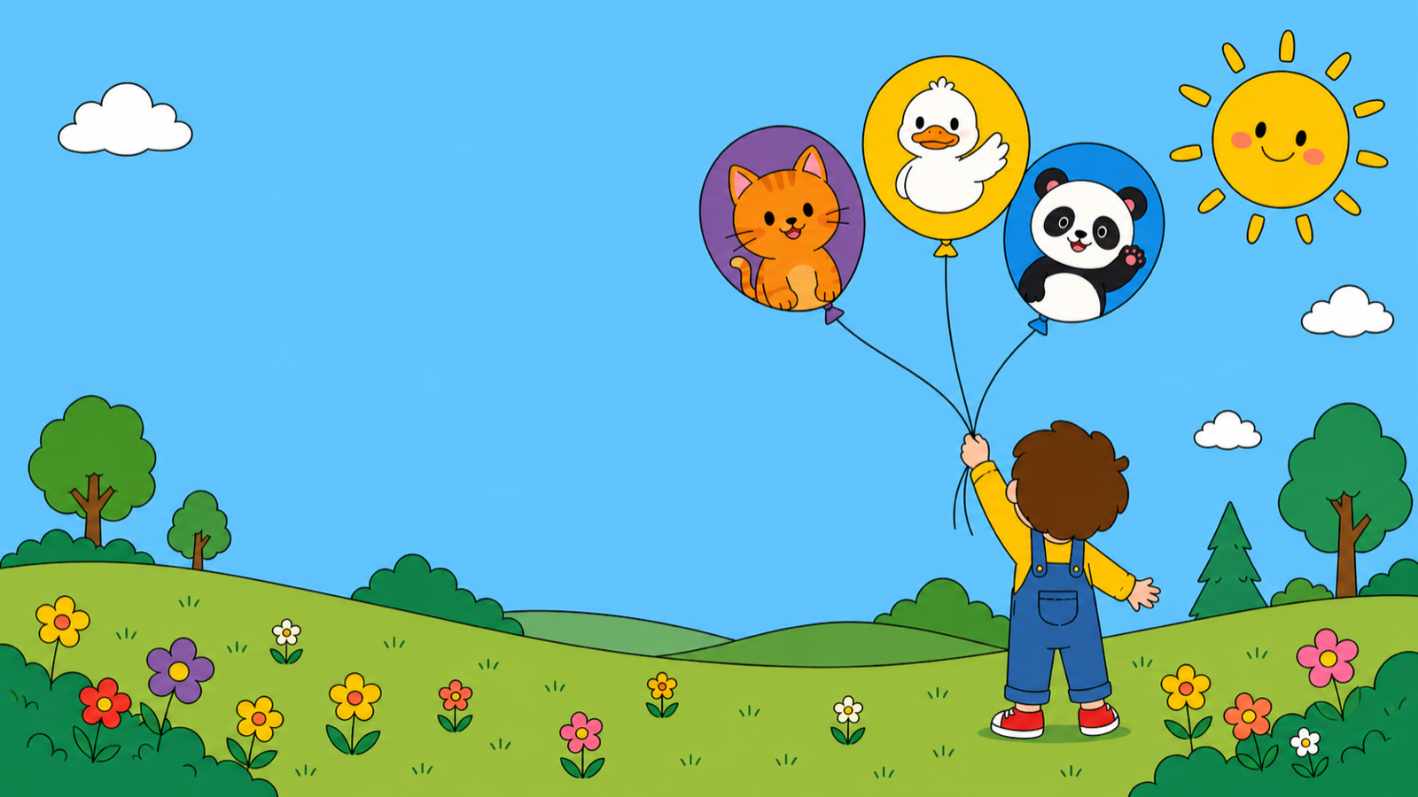 A child reaching up toward balloons carrying cartoon animals